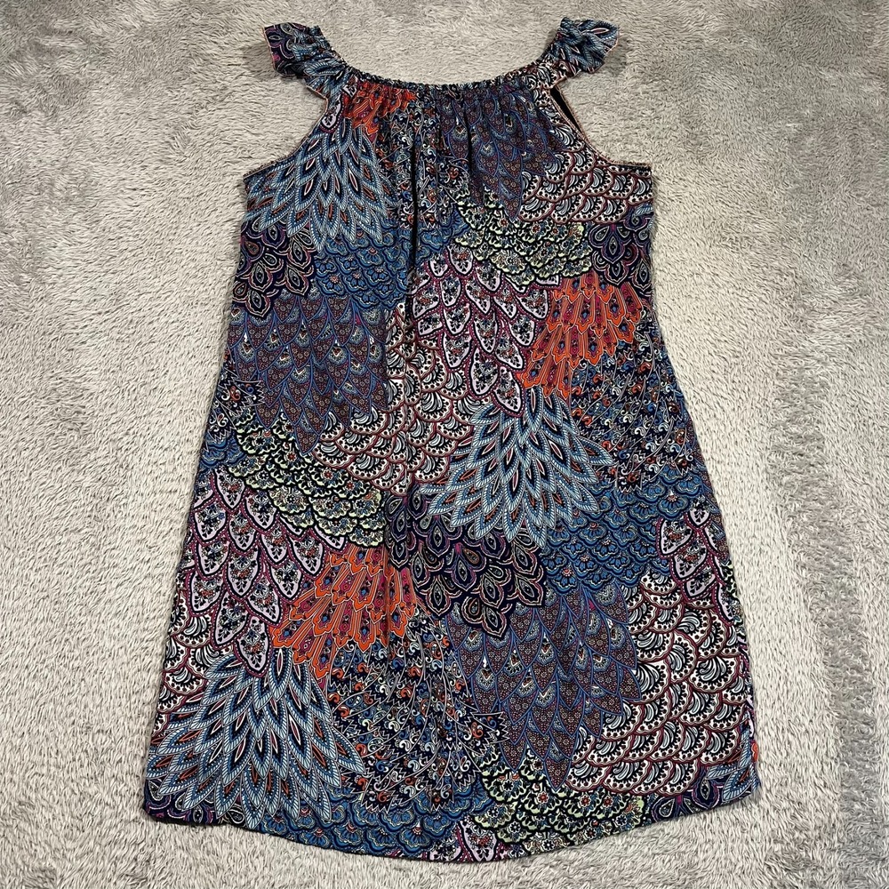 MSK Shift Dress Peacock Feather Paisley Print Ruffle Multicolor Womens Large